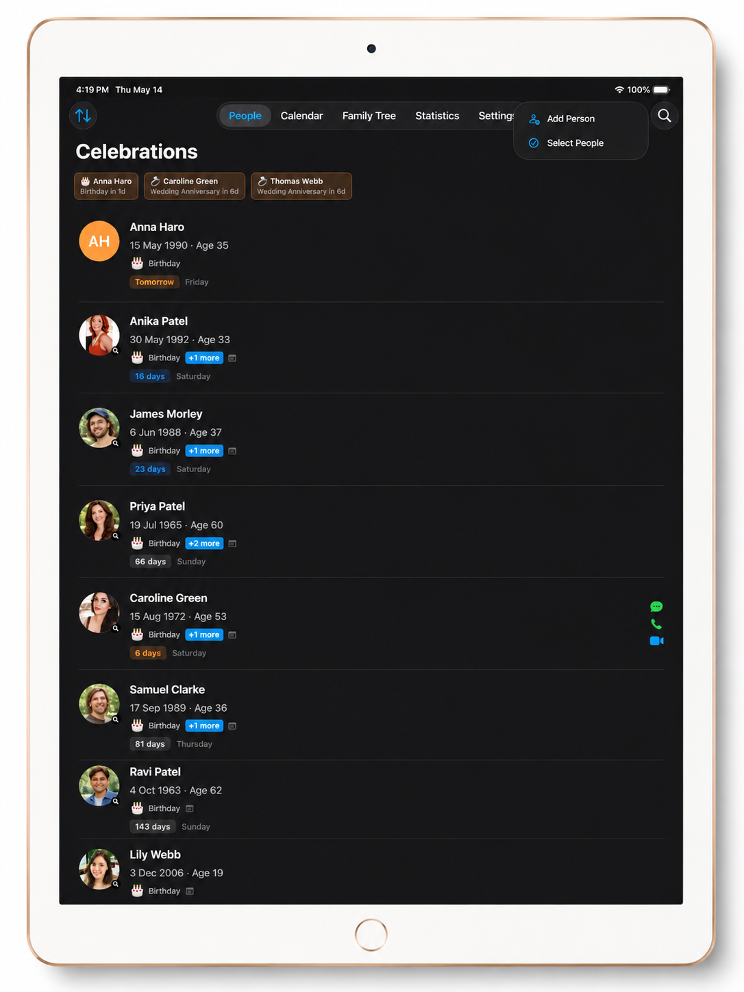 Celebrations app birthday card view