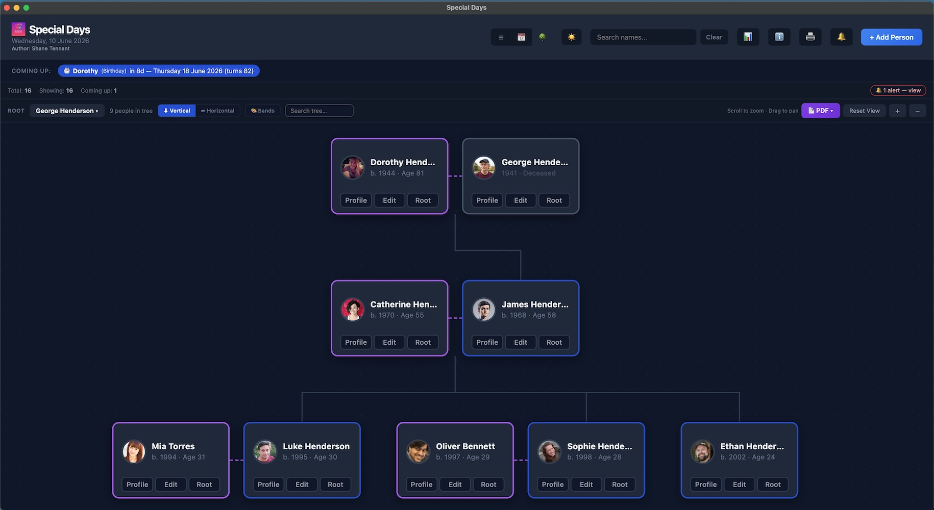 Special Days family tree showing the Henderson family