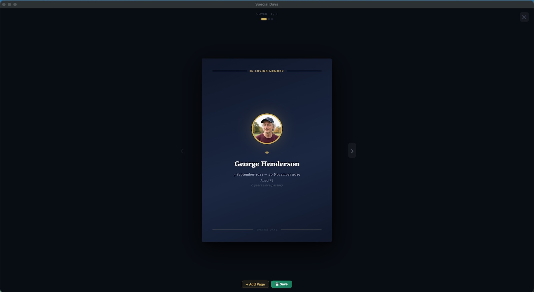A peaceful memorial tribute page showing a family photograph and biography