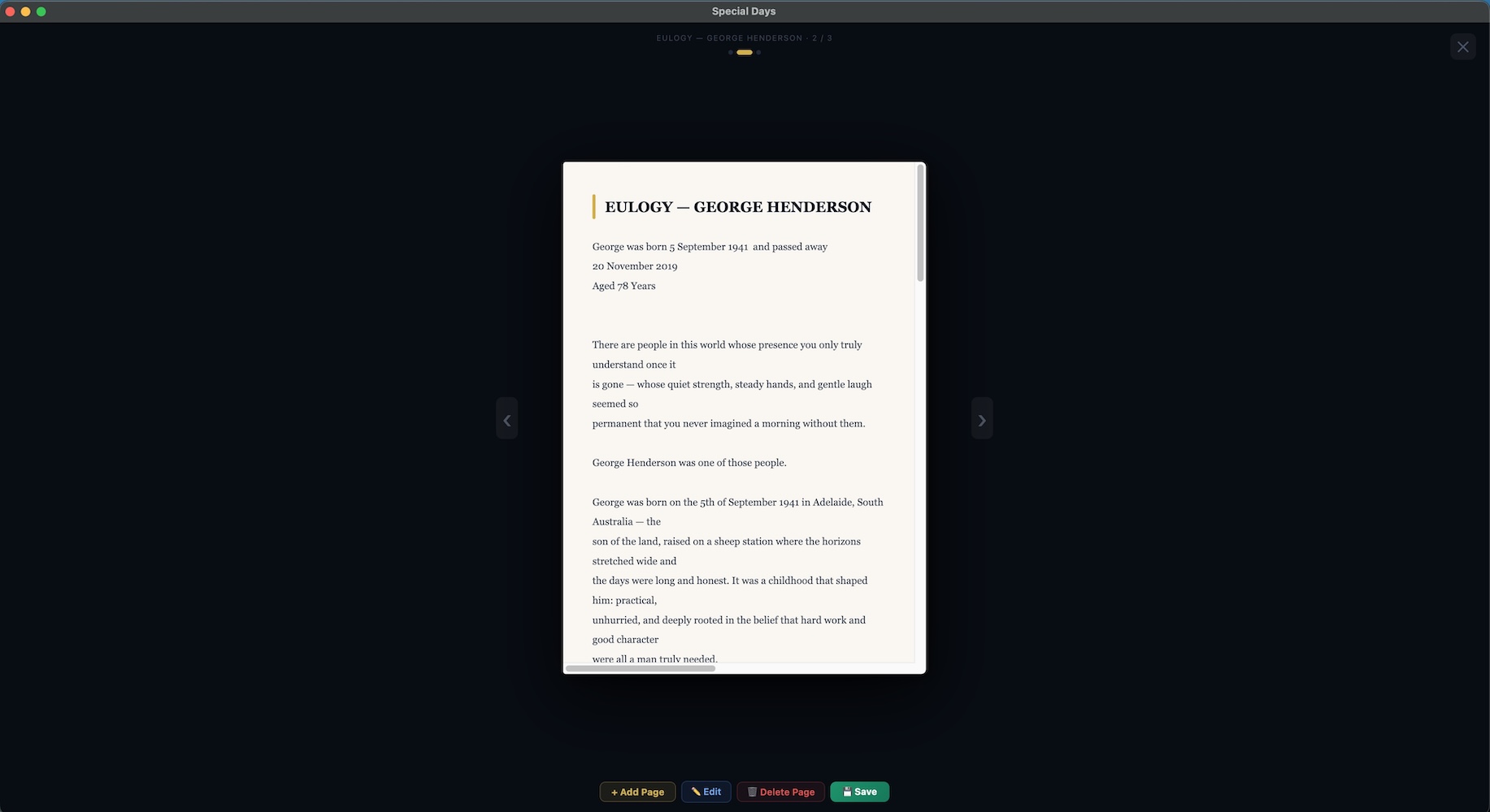 Special Days eulogy page for George Henderson memorial brochure