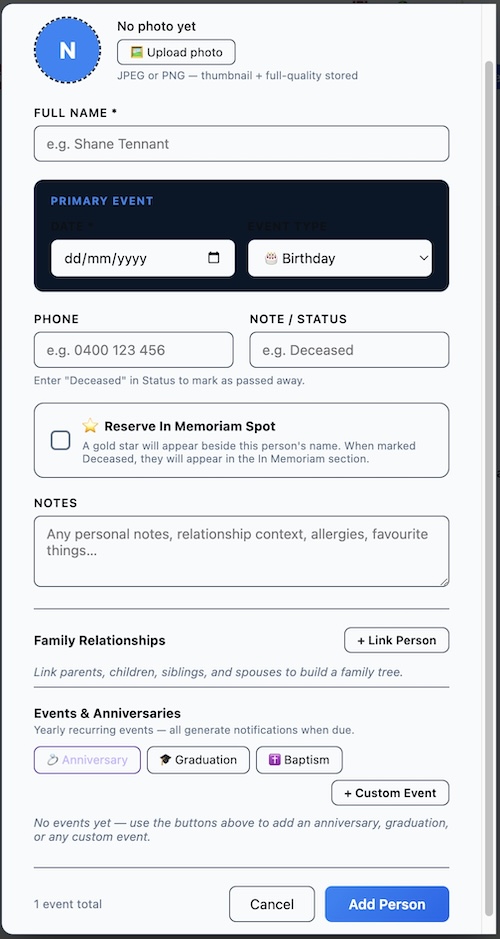 Special Days add new person form showing empty fields ready to fill in