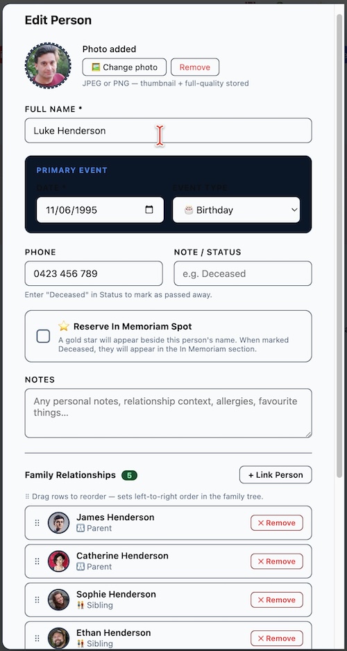 Special Days edit person form — Luke Henderson with photo, date and family relationships