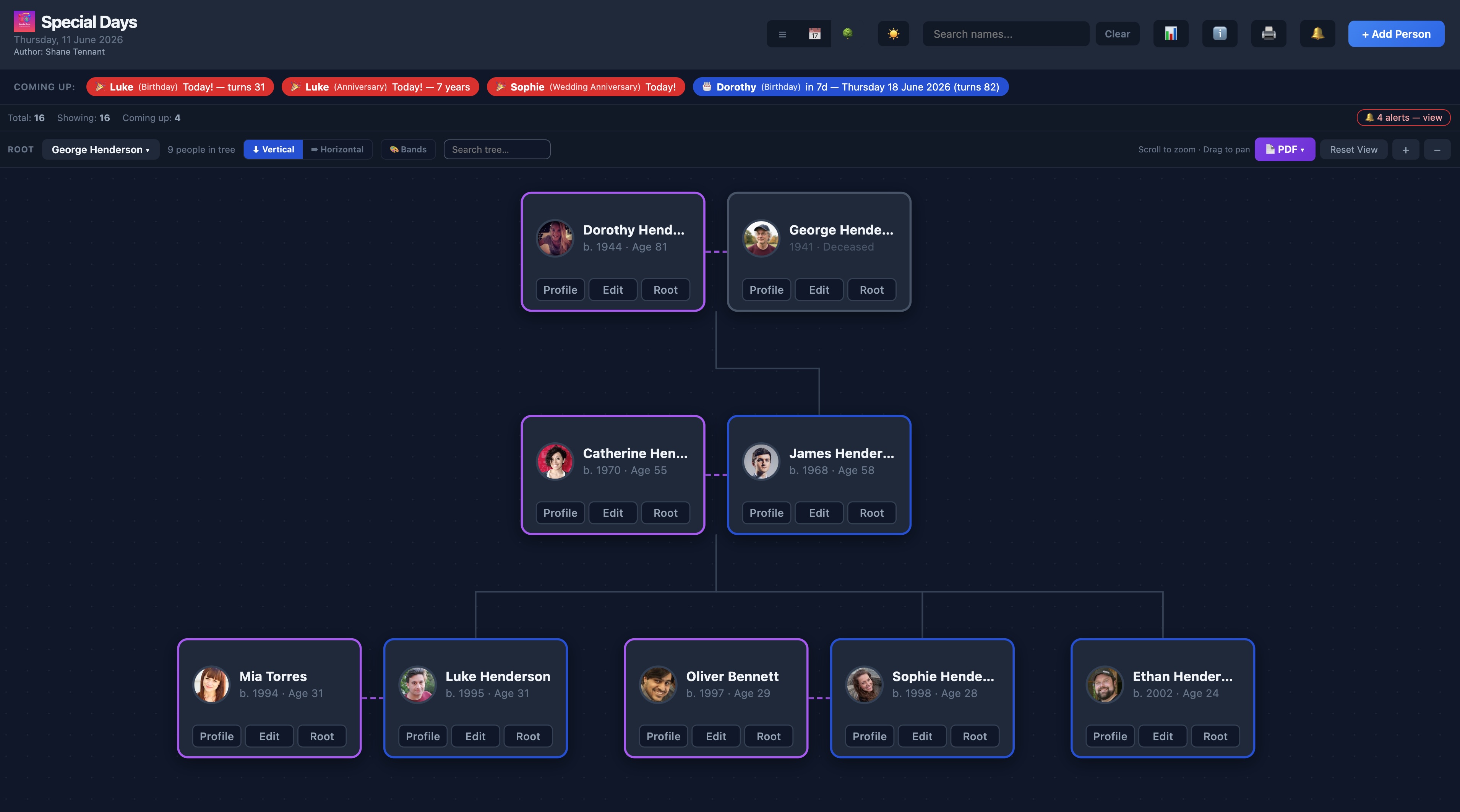 Special Days family tree view showing Henderson family generations