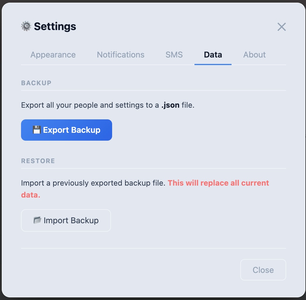 Special Days settings — Data tab showing Export Backup and Import Backup options
